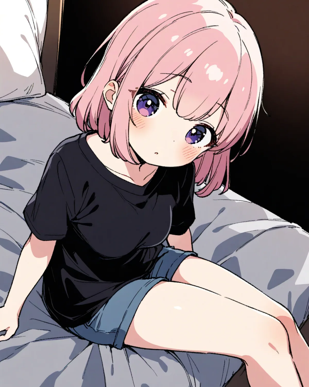 ソファに座ってこちらを見上げるななし。ピンク色のボブの髪、紫色の目、黒いTシャツとデニムのショートパンツ